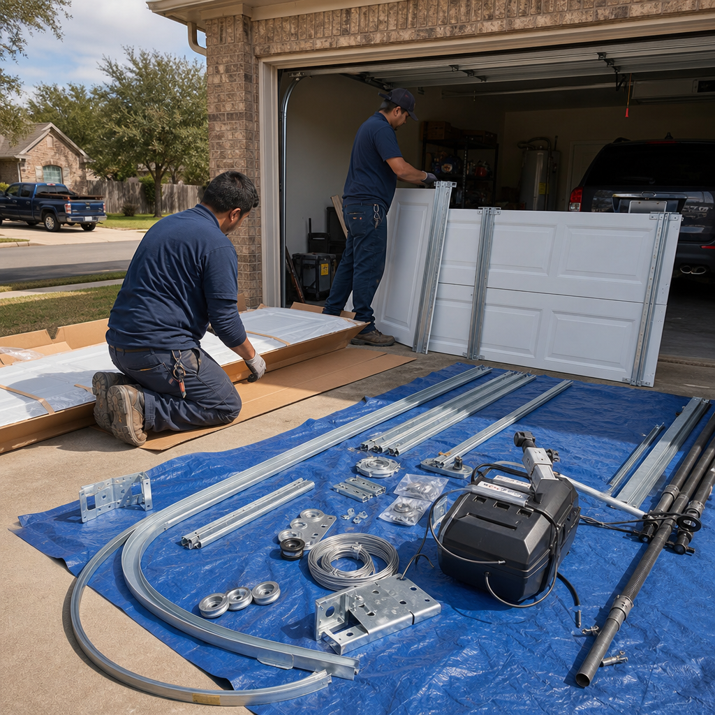 garage door installation workers with new door and parts