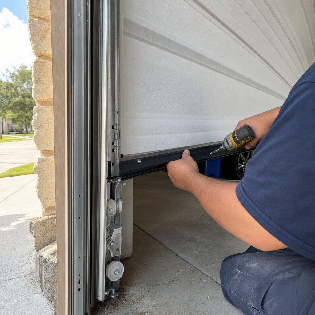 Garage door technician installs weather seal with a drill