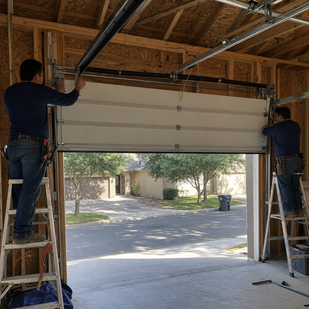 Technicians installing a garage door
