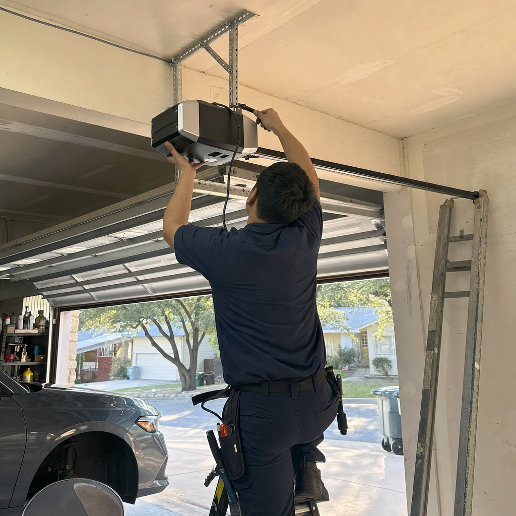 Technician installing garage door opener on ladder