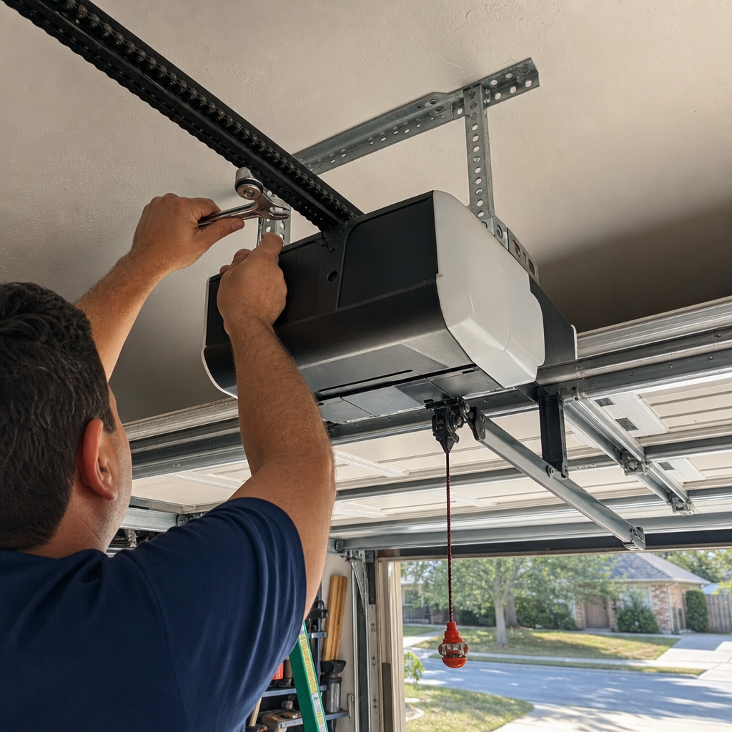 Man installing garage door opener mechanism with a wrench