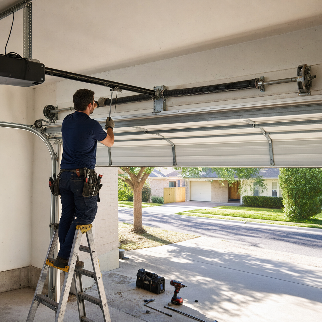 Garage door repair technician working on spring system with tools