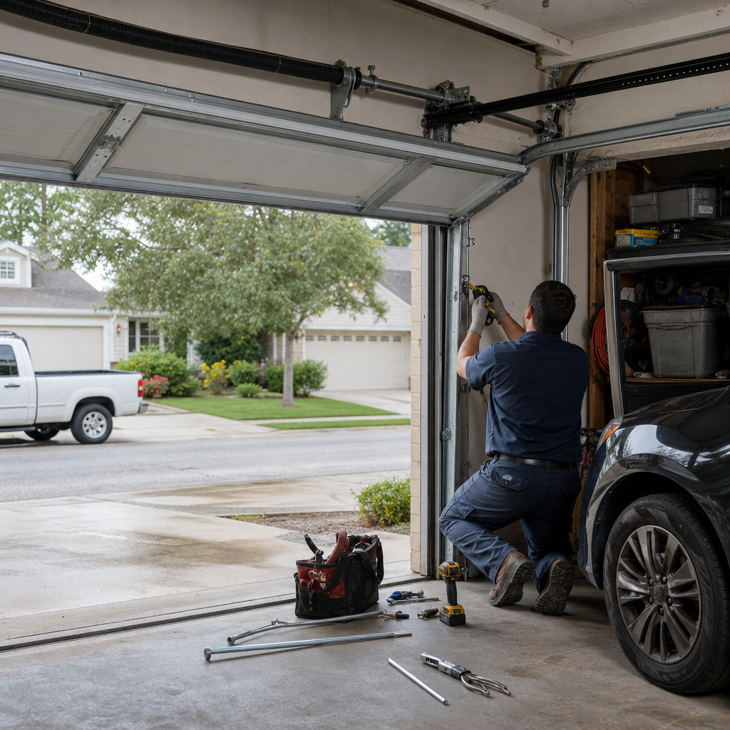 Technician performing emergency garage door repair in Austin, TX
