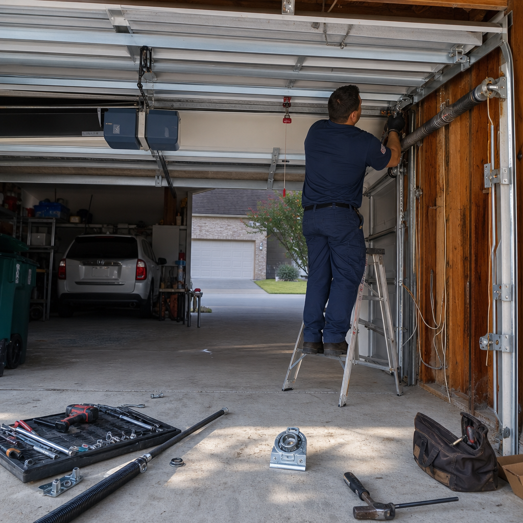 Garage door technician performing emergency repair on torsion spring in Austin, TX