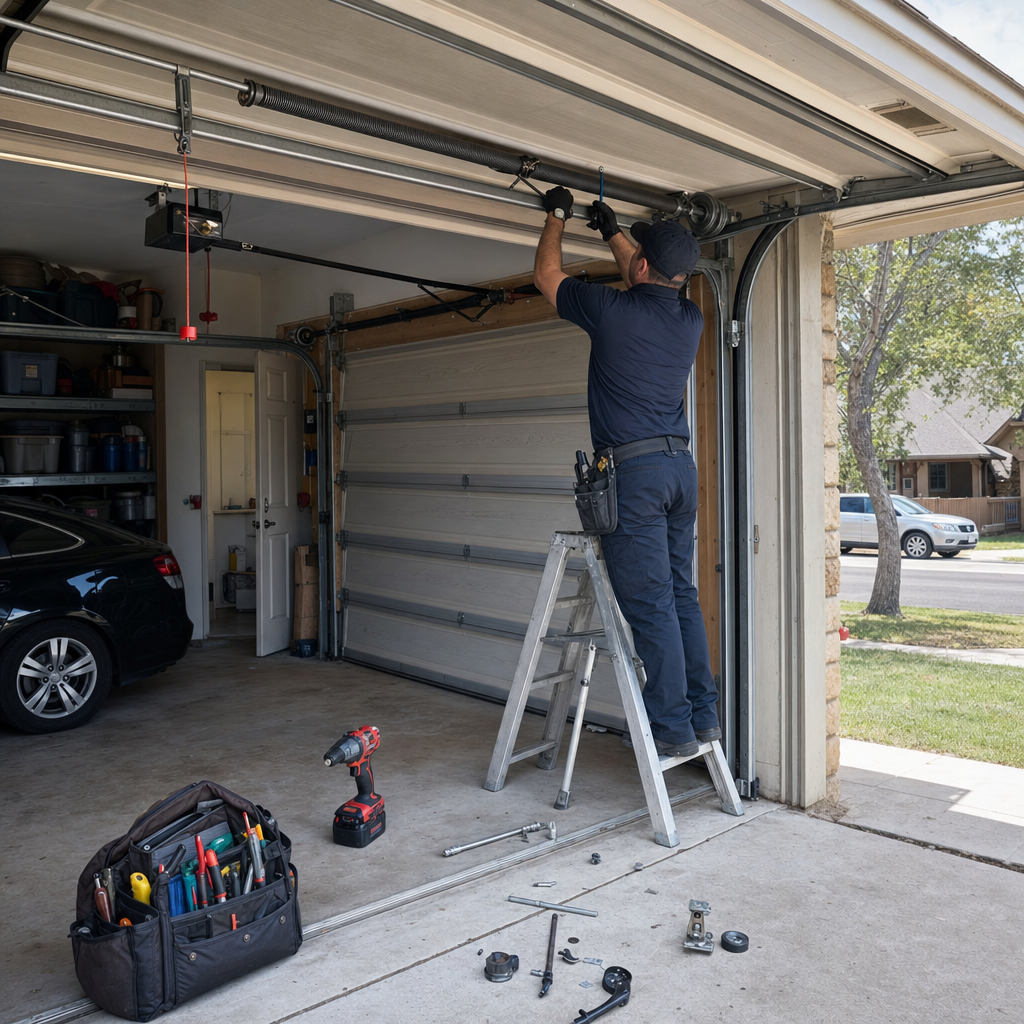 Garage door technician performing emergency repair on torsion spring in Austin, TX
