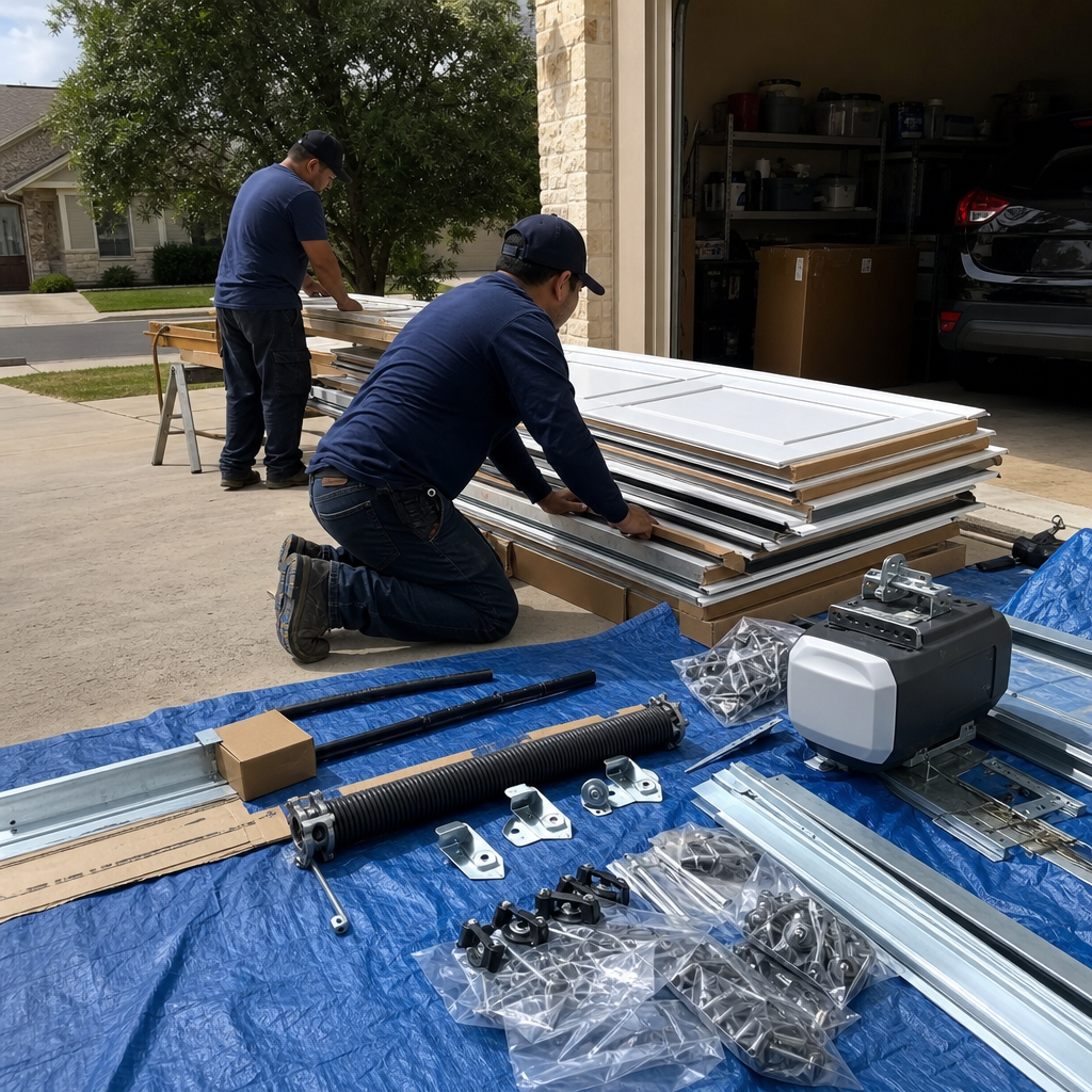Professionals installing a new garage door with all parts laid out