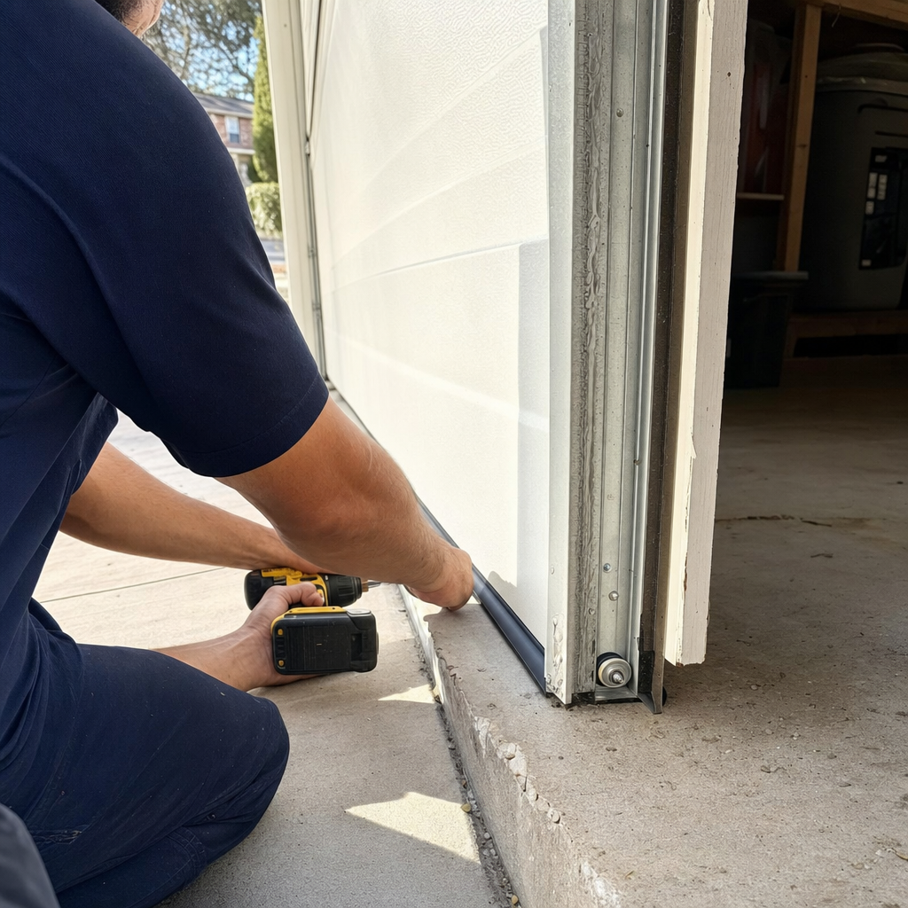Technician installing garage door bottom seal with drill