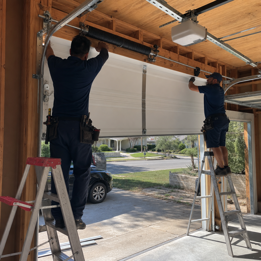 Professionals installing a garage door with springs and cables