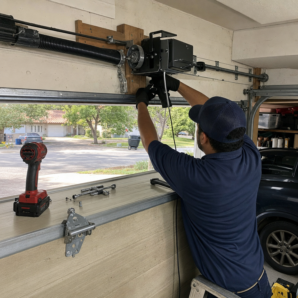 Mechanic installs garage door opener mechanism with tools and power drill nearby.