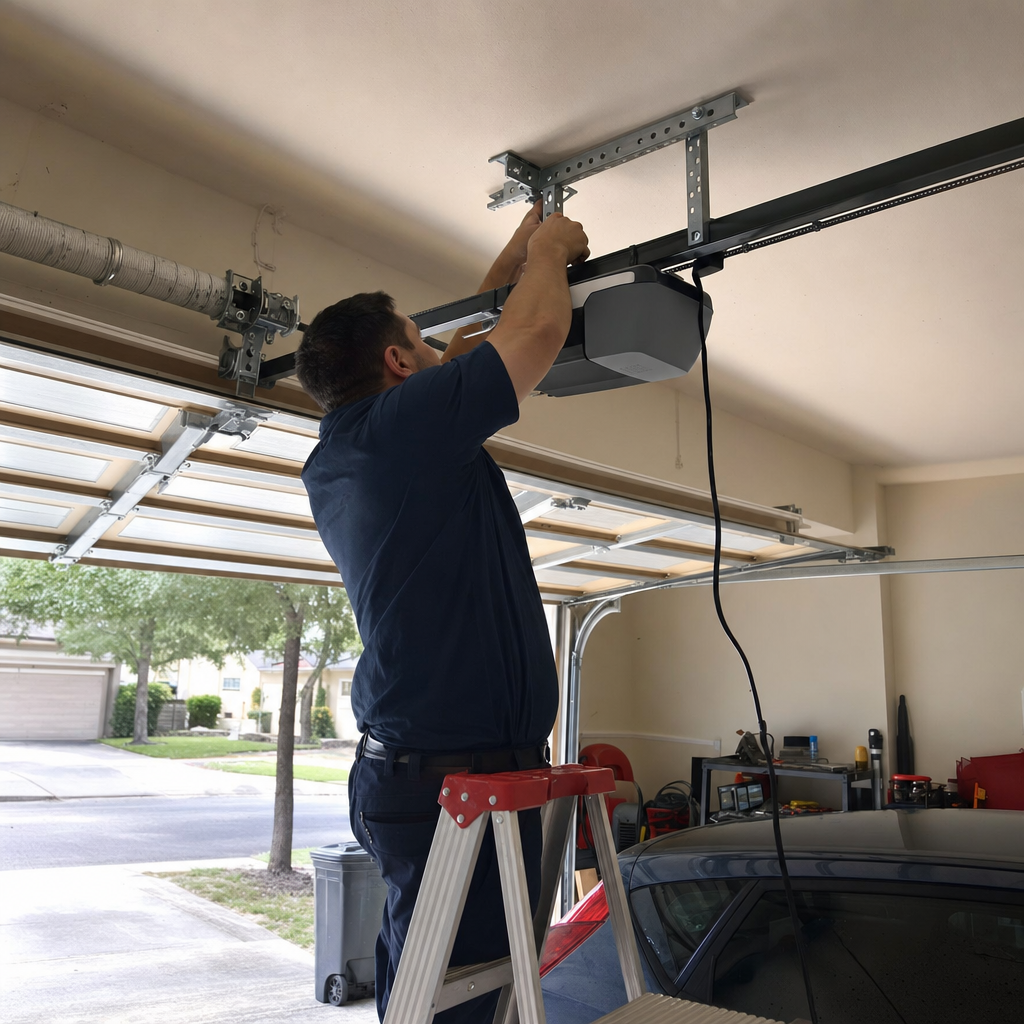 Technician installing garage door opener