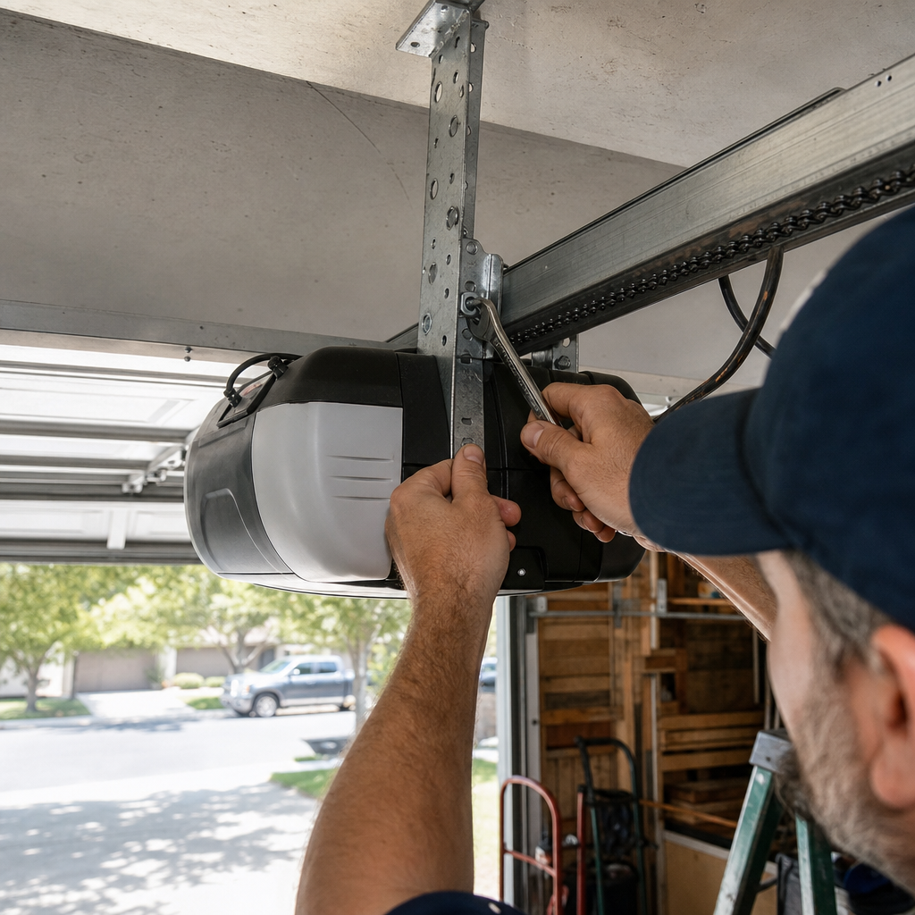 Mechanic performing garage door opener repair with a wrench.