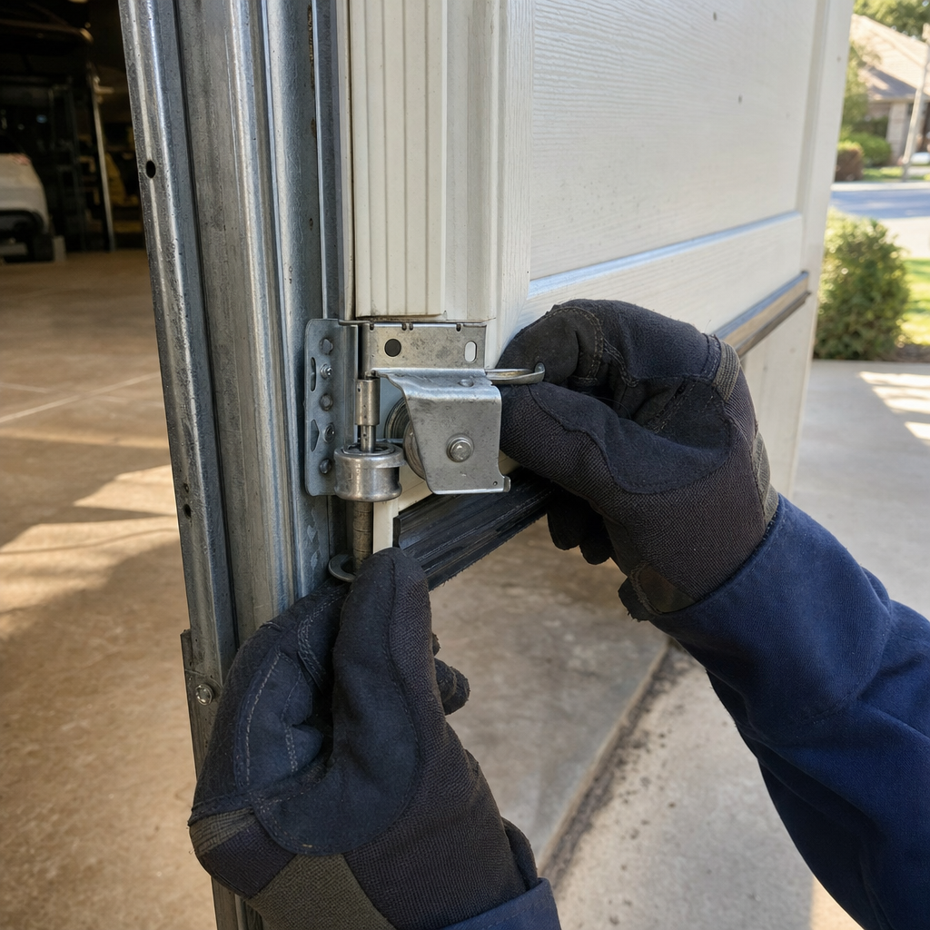 Gloved hands adjust a garage door roller part. in Austin, TX