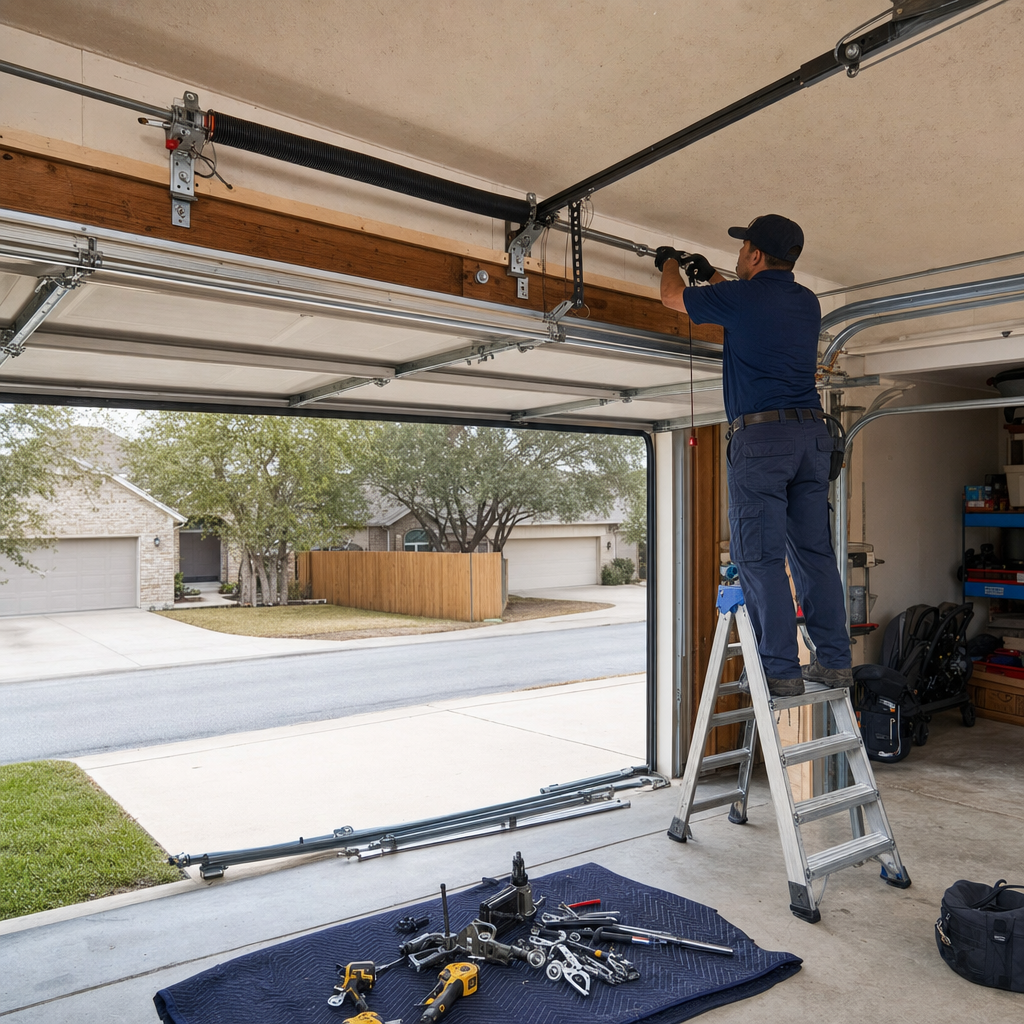 Gloved hands adjust a garage door roller part. in West Lake Hills, TX