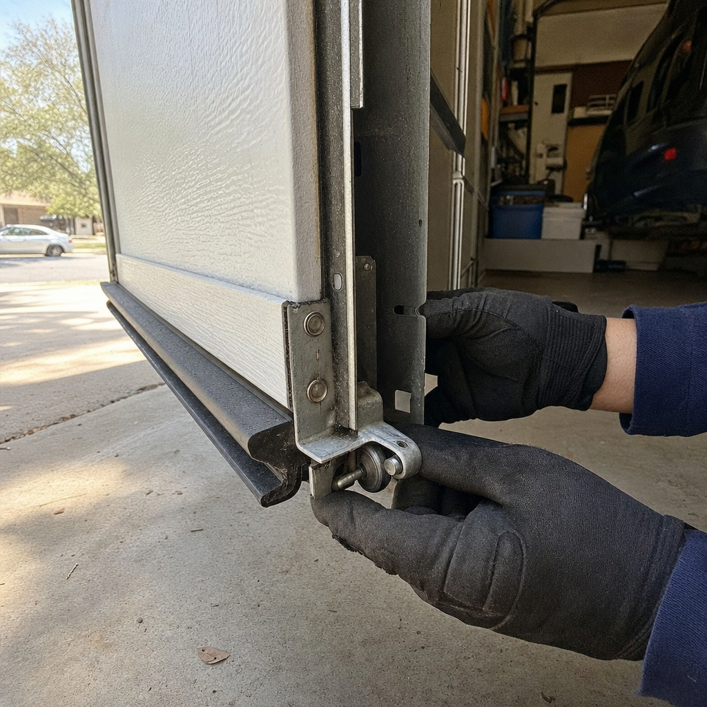 Garage door repair, replacing garage door parts, technician fixing garage door in West Lake Hills, TX