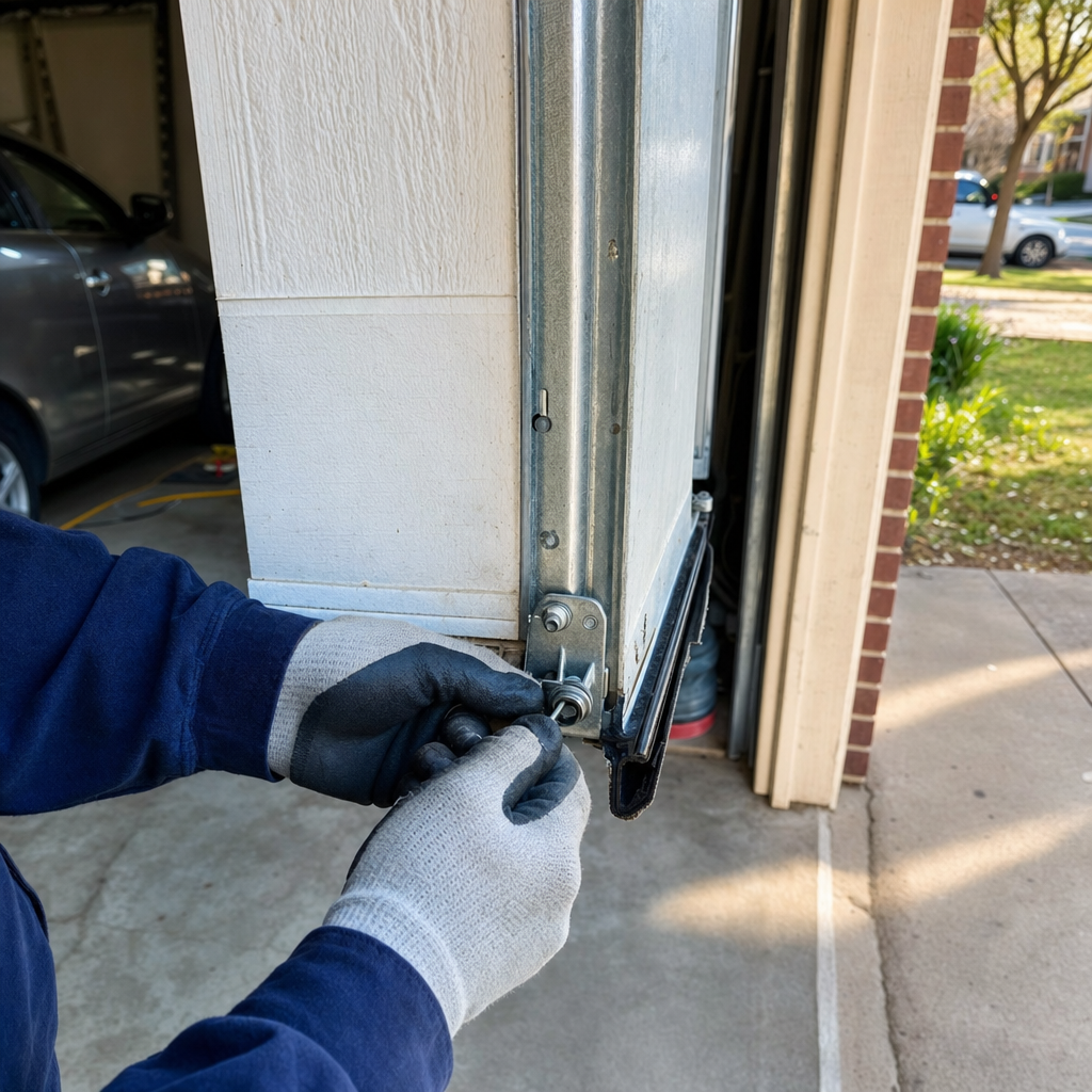 Garage door repair, replacing garage door parts, technician fixing garage door in Austin, TX