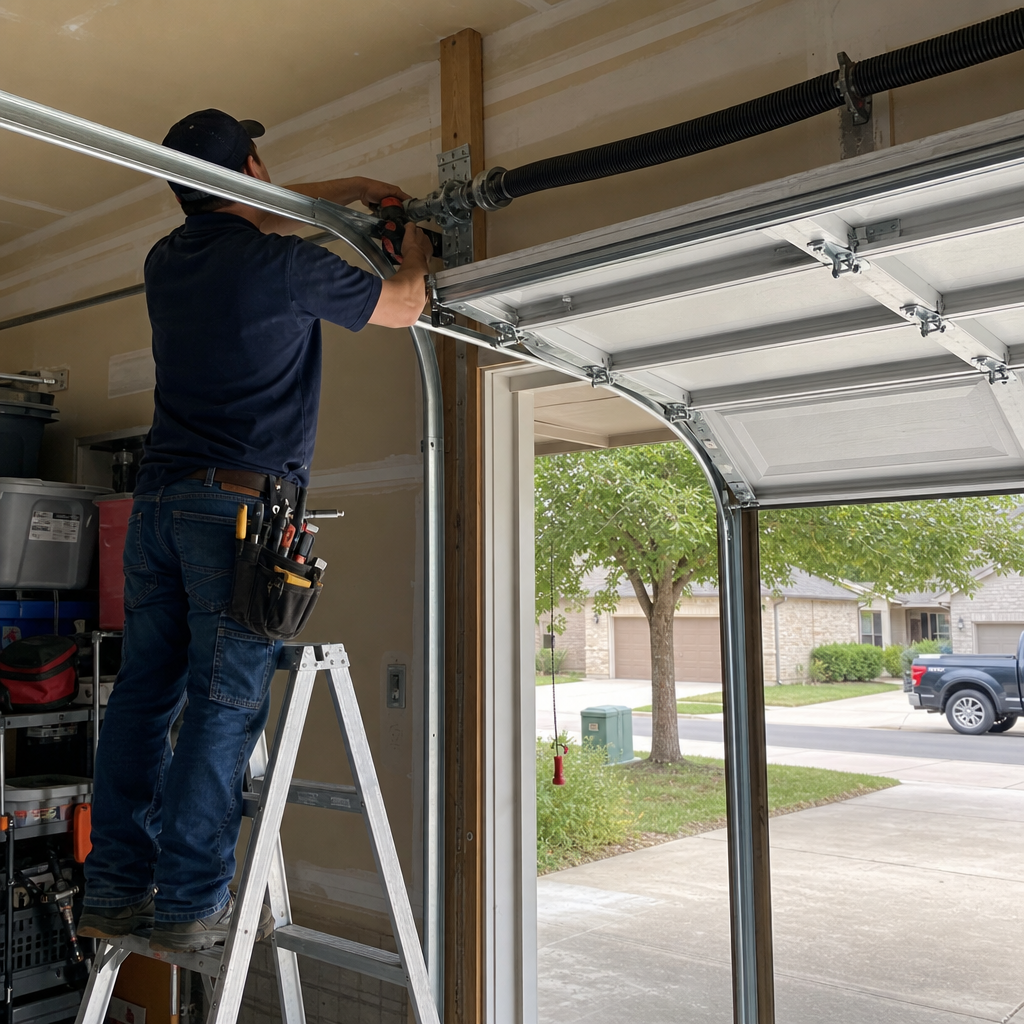 Technician working on garage door parts in Austin, TX