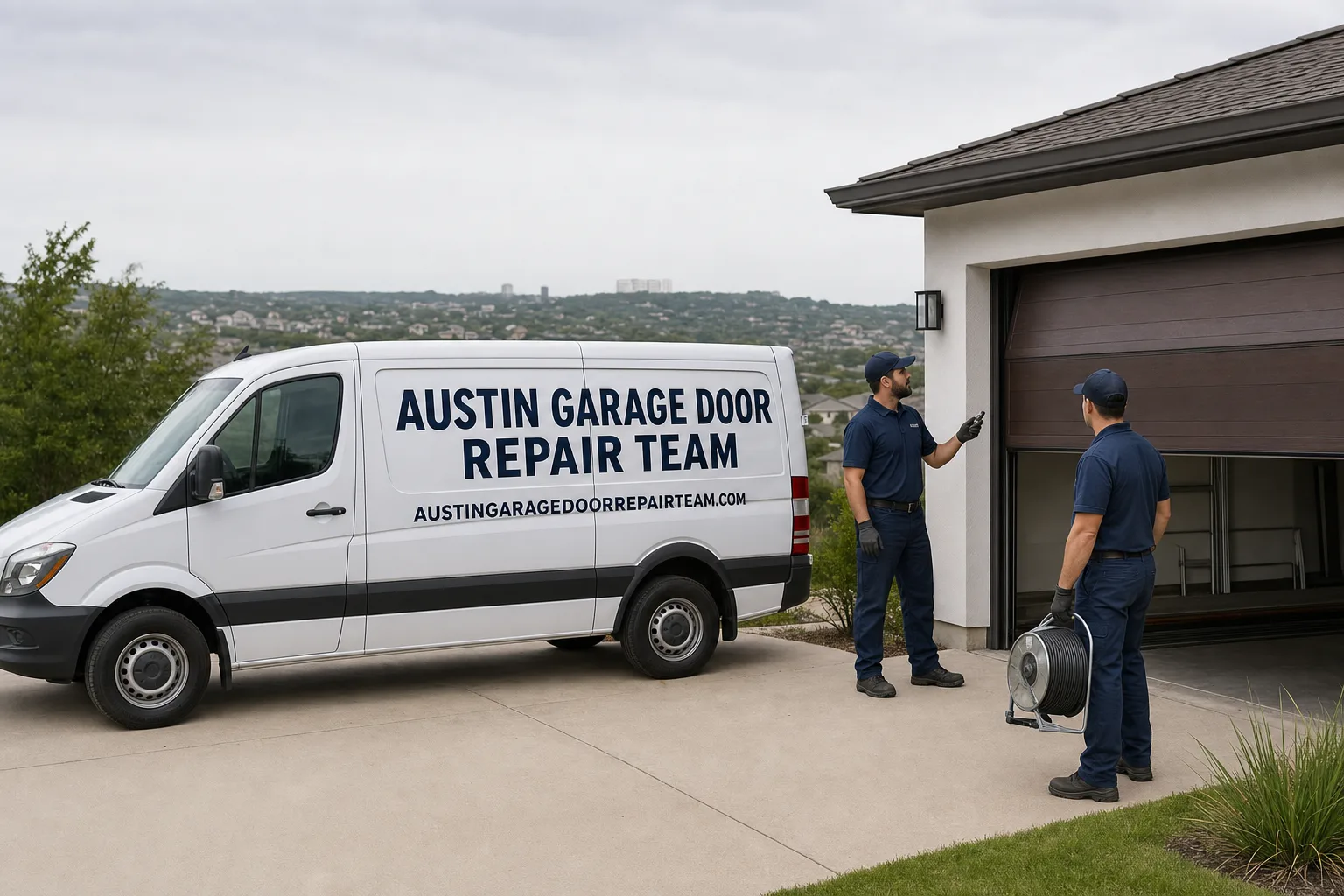 Austin Garage Door Repair Team service vehicle and crew in Austin, TX